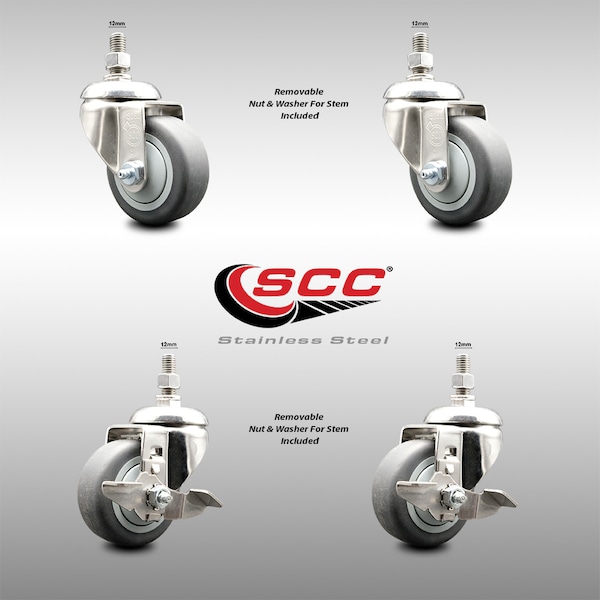 Service Caster 3 Inch 316SS Thermoplastic Rubber 12mm Threaded Stem Caster Brake SCC, 2PK SCC-SS316TS20S314-TPRB-M1215-2-TLB-2 - main